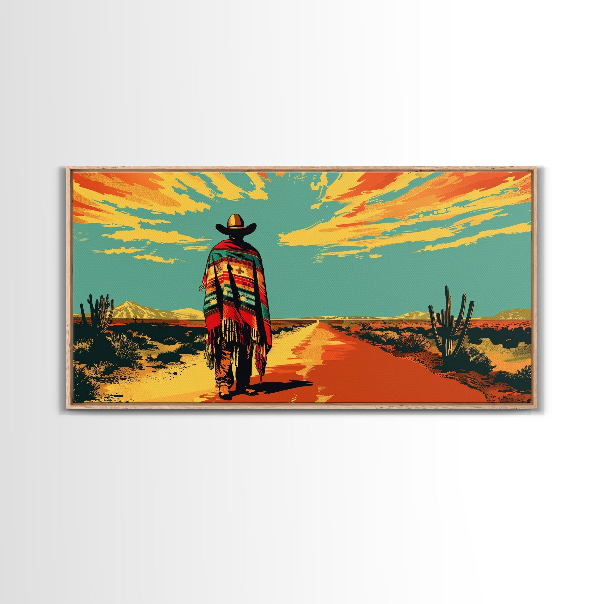 Lone Cowboy with Cactus in Desert, Perfect Living Room Art, Framed Canvas Print, Rustic Home Decoration, Boho Wall Art