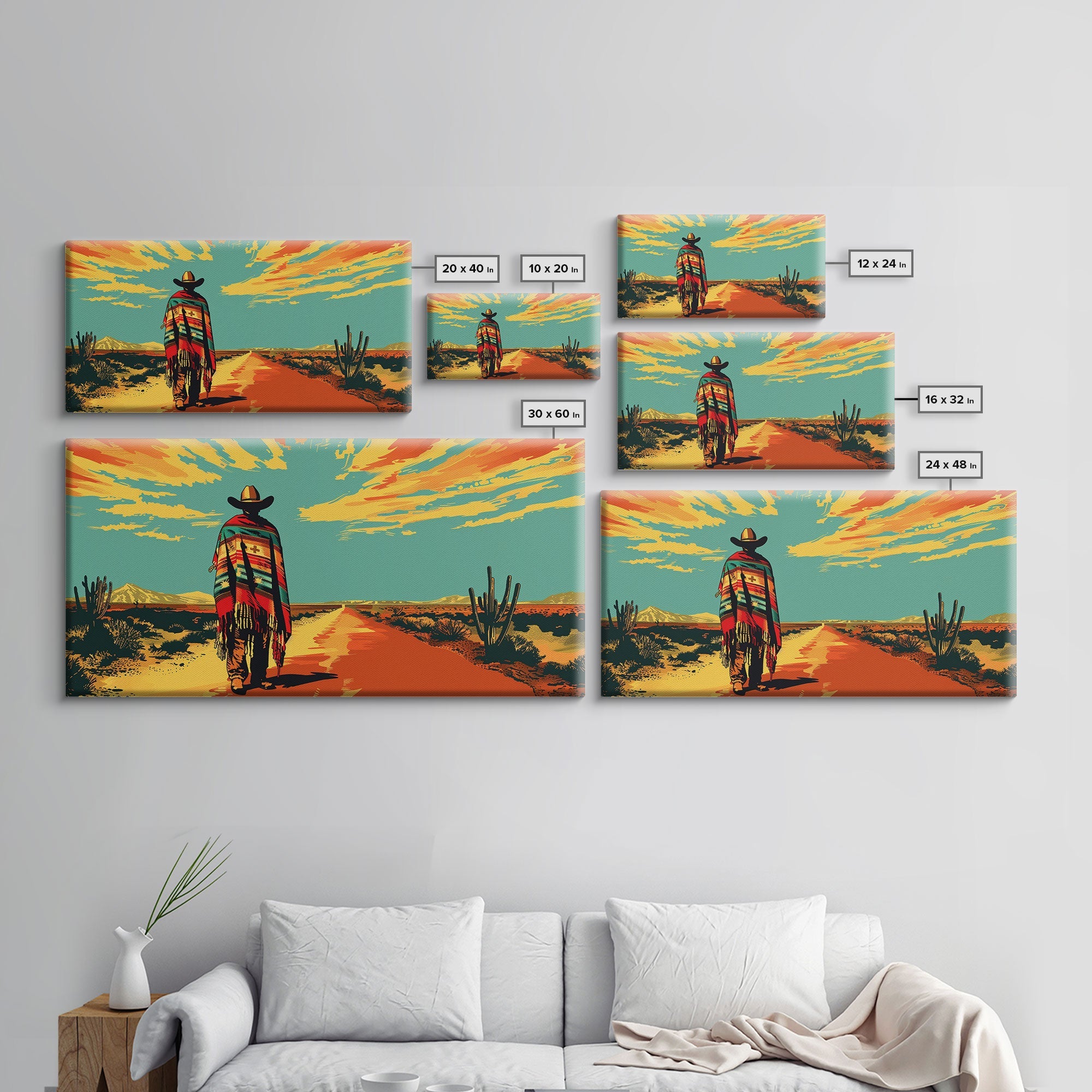 Lone Cowboy with Cactus in Desert, Perfect Living Room Art, Framed Canvas Print, Rustic Home Decoration, Boho Wall Art