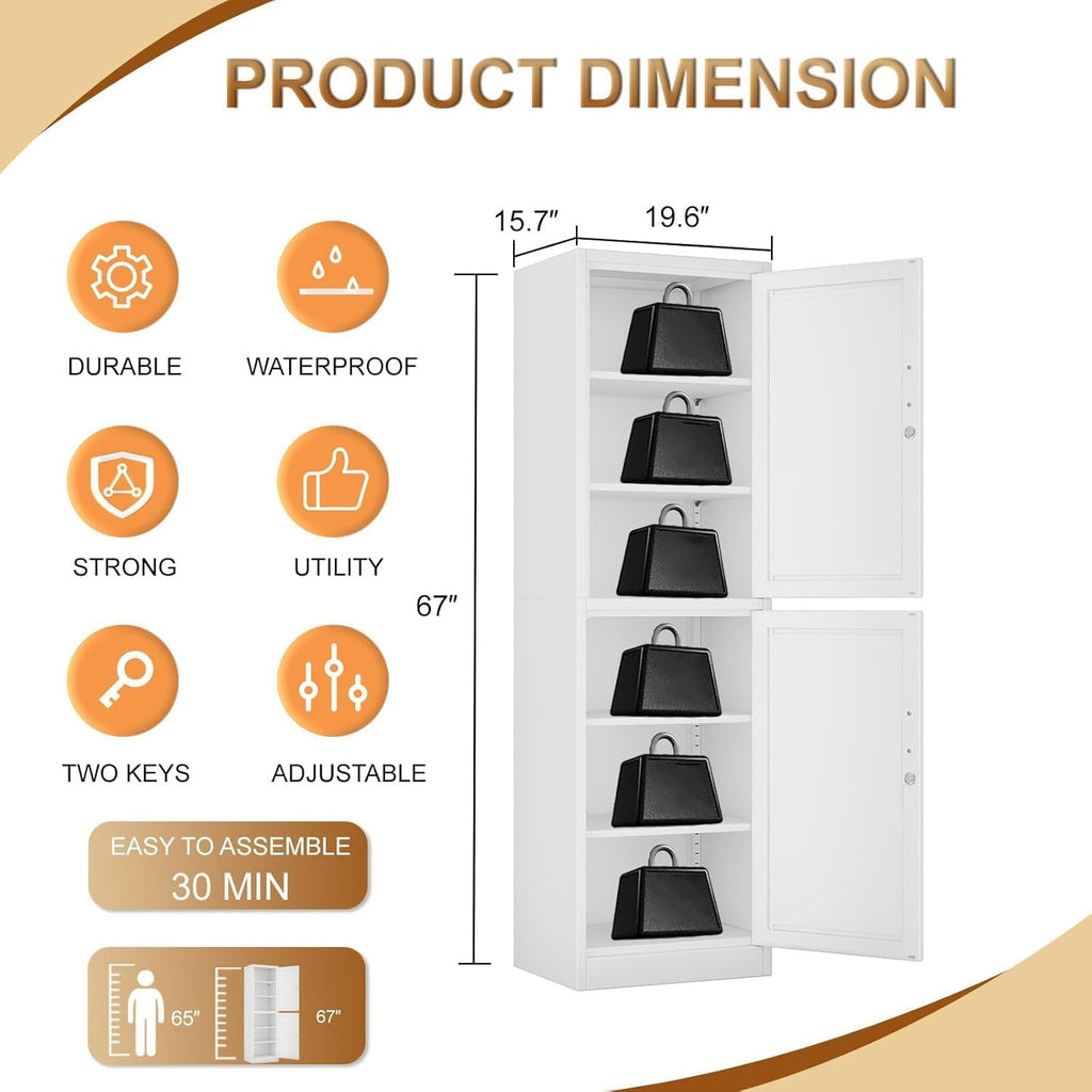 Tall White Metal Pantry Cabinet Sixty seven inch Locking