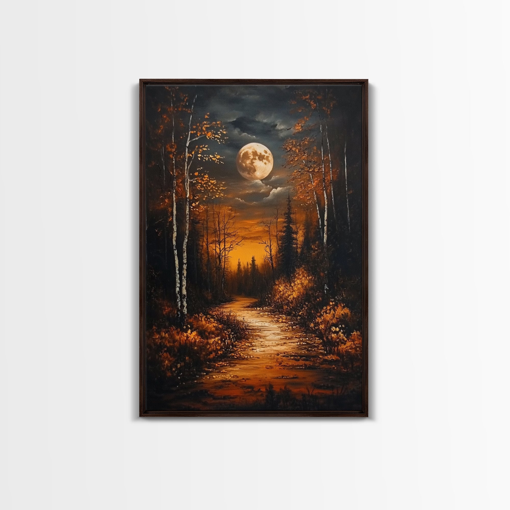 Full Moon Over The Haunted Forest, Framed Canvas Print, Wood Framed Wall Art, Dark Academia Witchy Decor, Moody Home Decor