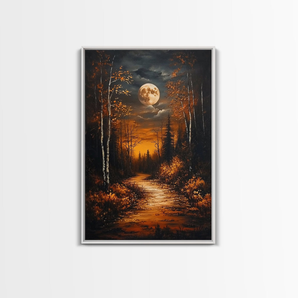 Full Moon Over The Haunted Forest, Framed Canvas Print, Wood Framed Wall Art, Dark Academia Witchy Decor, Moody Home Decor