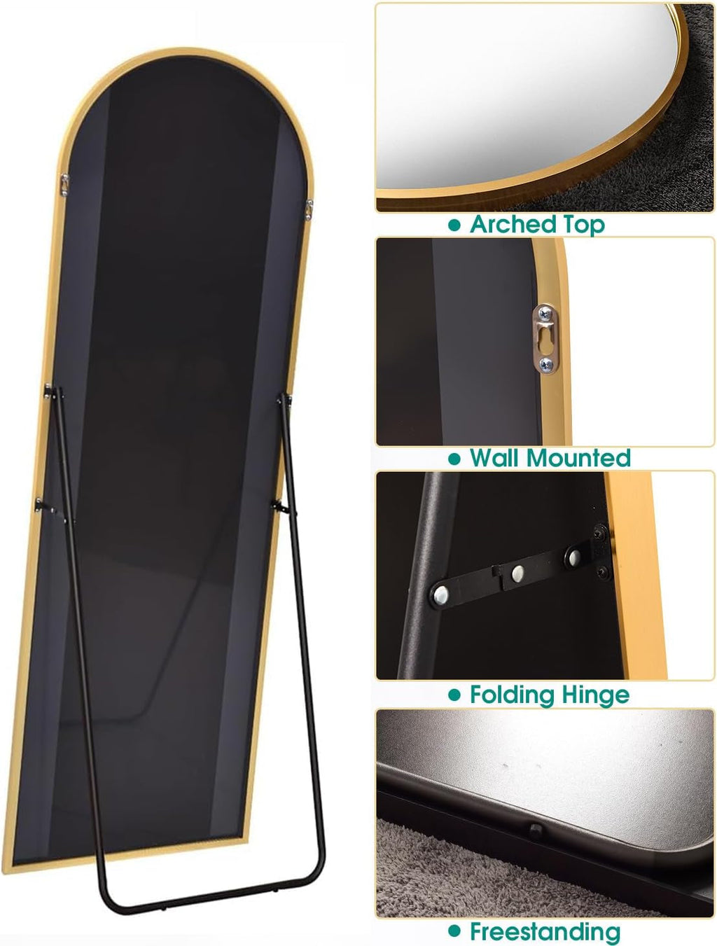 58x18 Inches Arched Full Length Mirror Aluminum Frame Gold
