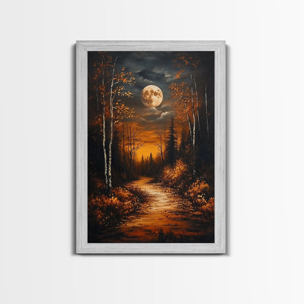 Full Moon Over The Haunted Forest, Framed Canvas Print, Wood Framed Wall Art, Dark Academia Witchy Decor, Moody Home Decor