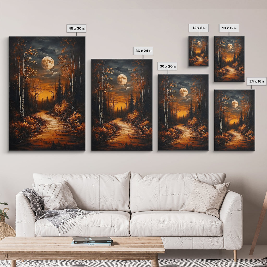 Full Moon Over The Haunted Forest, Framed Canvas Print, Wood Framed Wall Art, Dark Academia Witchy Decor, Moody Home Decor