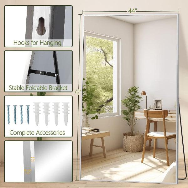 MELOMOIR Oversized Floor Mirror, Free Standing Leaning or Hanging, Suitable for Bedroom Living Room Home Gym Cloakroom, Thin Aluminum Frame, Tempered Glass, Silver