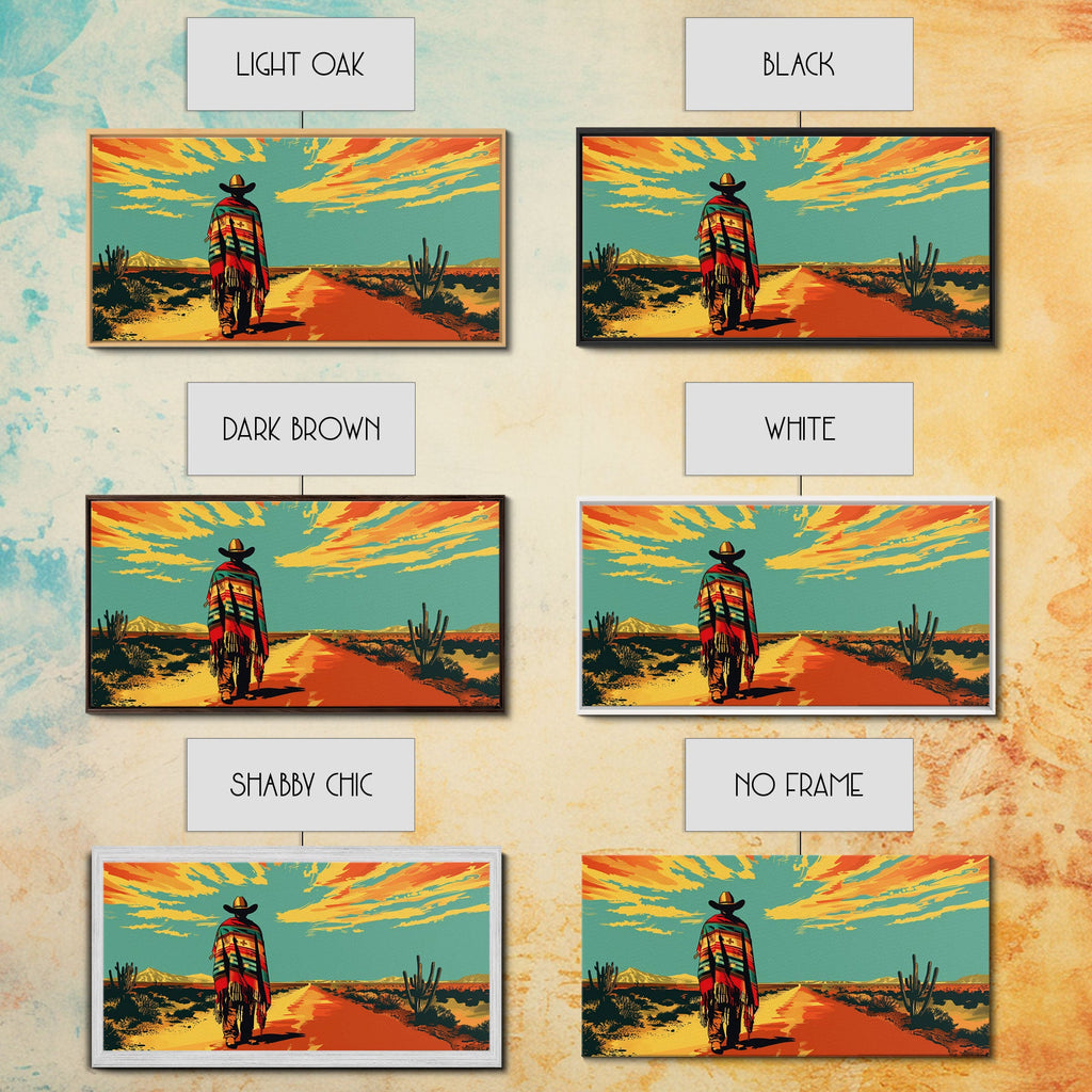 Lone Cowboy with Cactus in Desert, Perfect Living Room Art, Framed Canvas Print, Rustic Home Decoration, Boho Wall Art