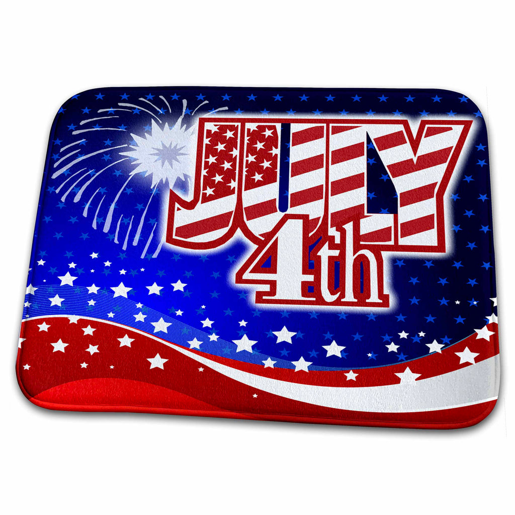 Dish Drying Mat - July 4th Graphic with flag and Fireworks and Flag Colors Graphics Holiday Fourth of July