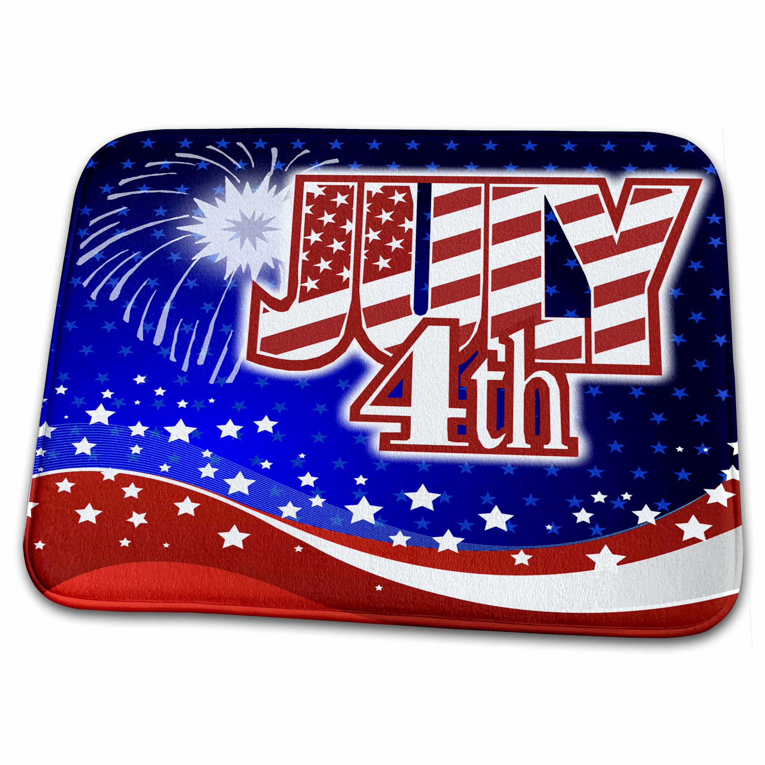 Dish Drying Mat - July 4th Graphic with flag and Fireworks and Flag Colors Graphics Holiday Fourth of July